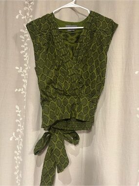 Anthropologie Olive Green Patterned Wrap Tie Top